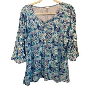 Lulu-B Size S‎ UPF 50 Blue White Fish Print Stretchy Top 3/4 Button Sleeve